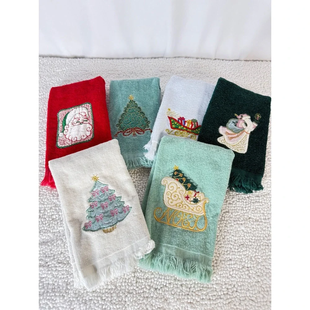 VTG Set of 6‎ Embroidered Christmas Tea Towels Santa Tree Sleigh Angel